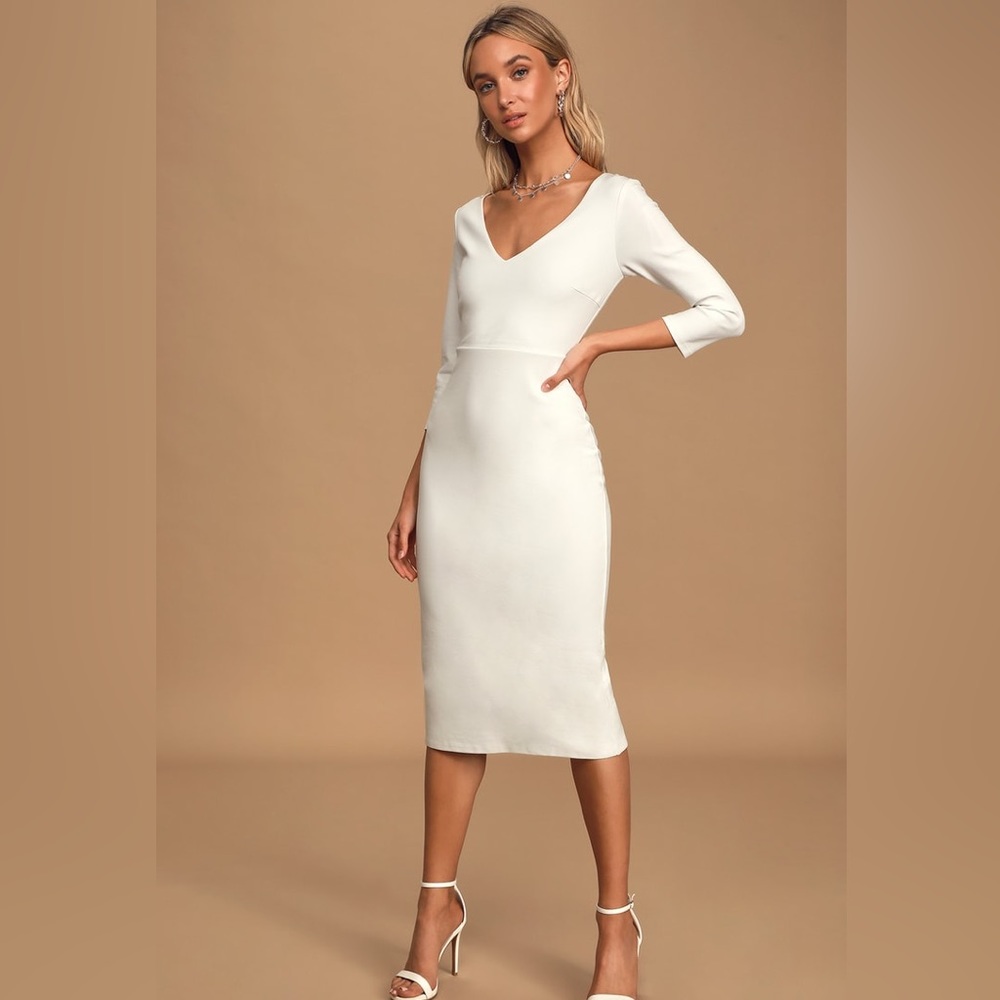 NWOT Dreams of Forever White Three-Quarter Sleeve Bodycon Midi Dress